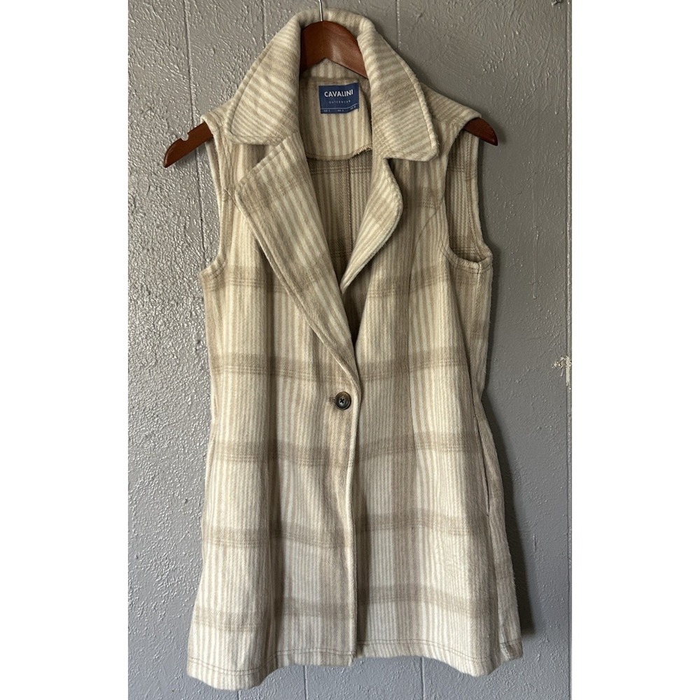 Cavalini Outerwear Long Sweater Vest Size S Pockets Beige Plaid Glamping